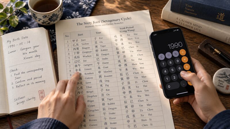 早見表とスマートフォンで自分の空亡を確認している手元のイメージ