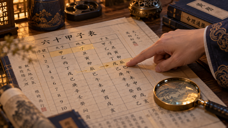 命式の早見表を指でたどりながら守護神帝王の条件を確認しているイメージ