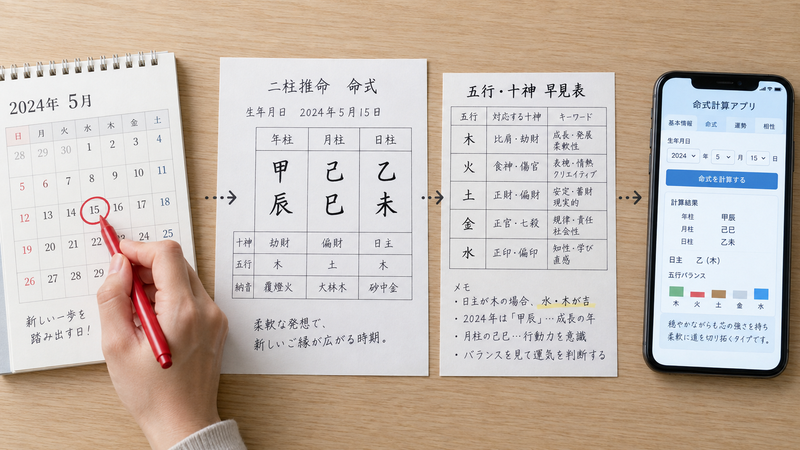生年月日から陰占を算出し守護神を調べる手順のイメージ