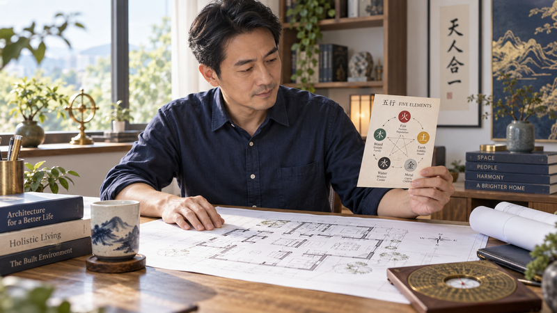 五行の対応表と住まいの間取りを建築士が見比べているイメージ