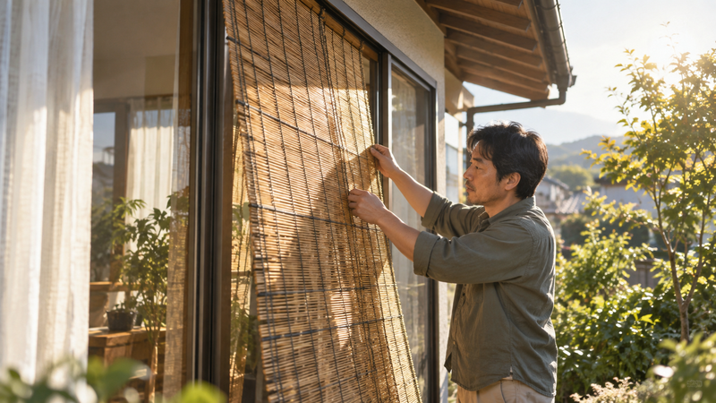南向きの窓に外付けのよしずを設置して日射を遮る建築士