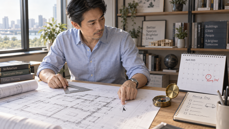 建築士が方位磁針と図面と引っ越しスケジュールを検討するイメージ