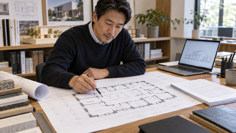 建築士が建築基準法の採光・換気規定を間取り図で説明する様子