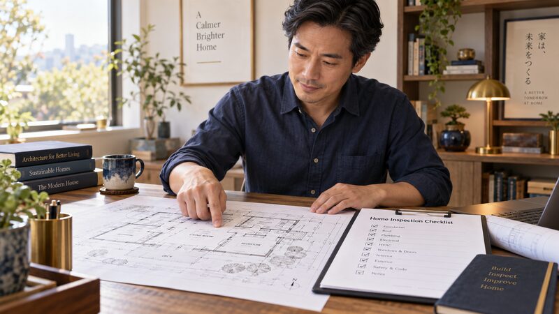 建築士が図面を確認しながら住まいの点検を進めているイメージ