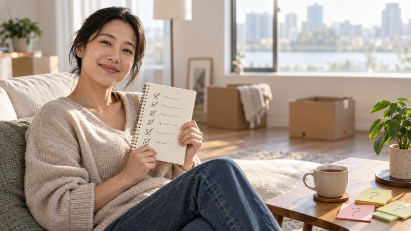 疑問を整理し新居で落ち着いて暮らし始めるイメージ