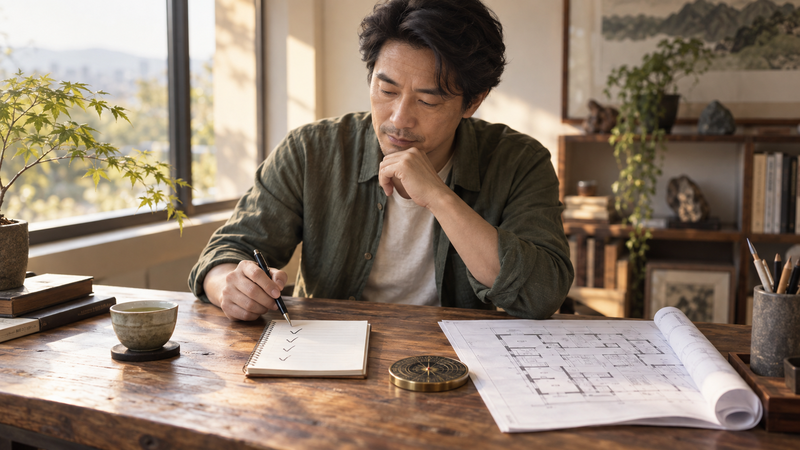 家の中心についての要点をノートで振り返る建築士