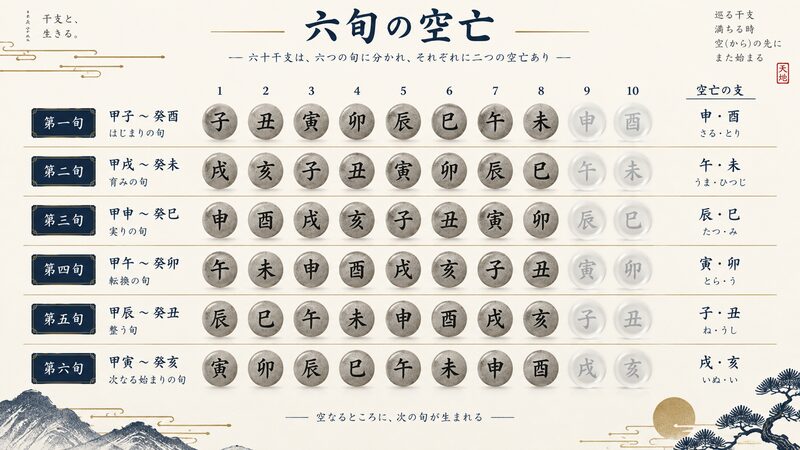六十干支が六つの旬に分かれ旬ごとに空亡の二支が決まる仕組みを表した図解