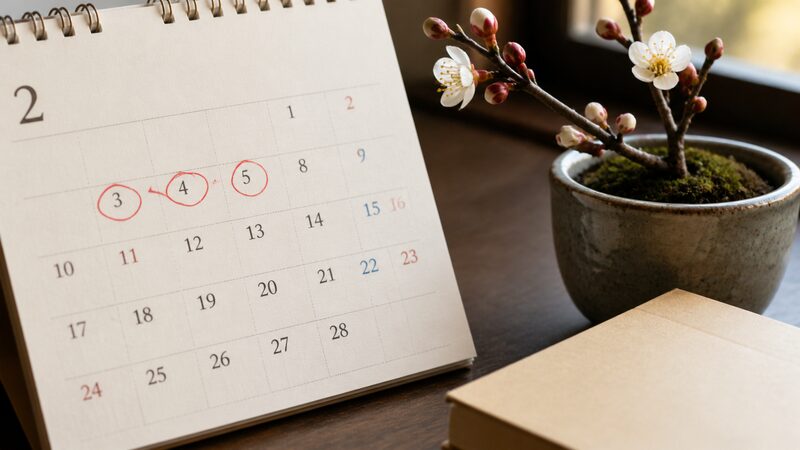 2月3日から5日を丸で囲んだカレンダーと梅の枝で立春のズレを示すイメージ
