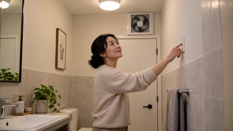 家の中心付近にあるトイレの換気扇と照明を確認する様子