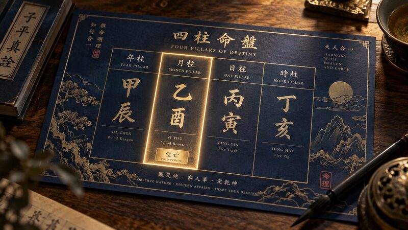 命式の年柱月柱日柱時柱のどこに空亡が現れるかを示す図解