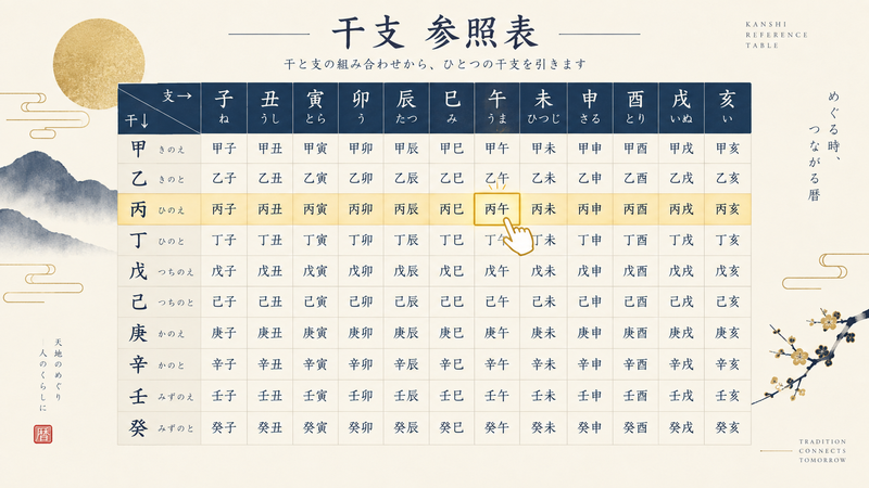 日干と月支の交点から調候の守護神を導く早見表を確認しているイメージ