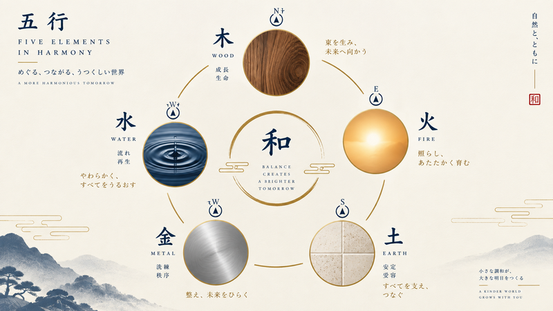 五行と方位・色・素材の対応を示した早見図