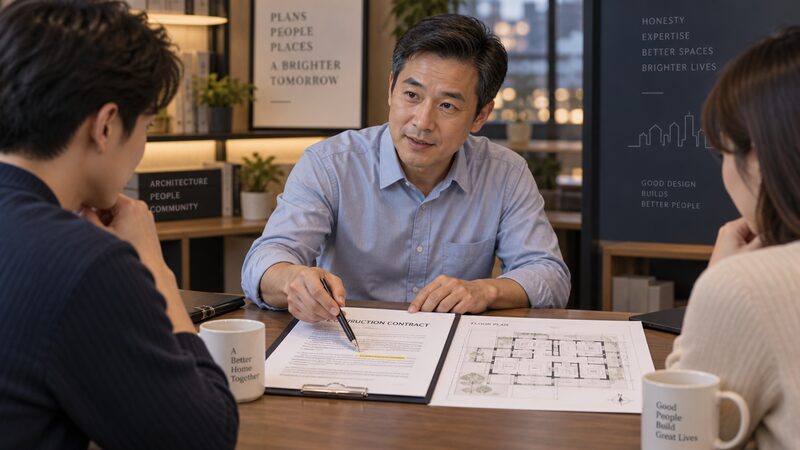 建築士が契約書の内容を施主と一緒に確認しているイメージ