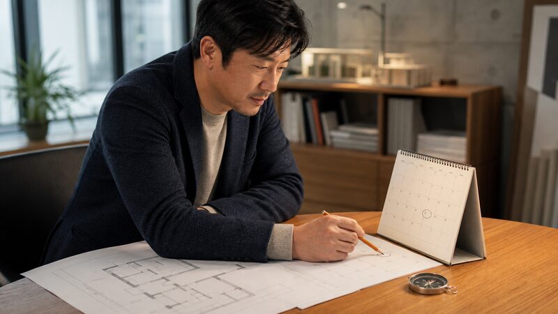 間取り図とカレンダーを見ながら着工日を調整する建築士のイメージ