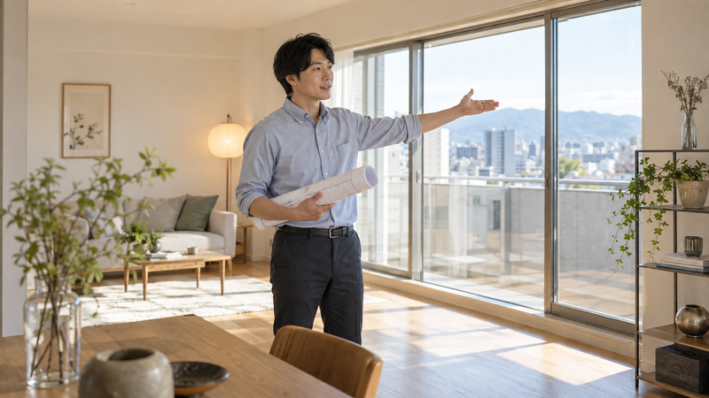 建築士が採光や動線を確認しながら五行を住まいに活かす場面のイメージ