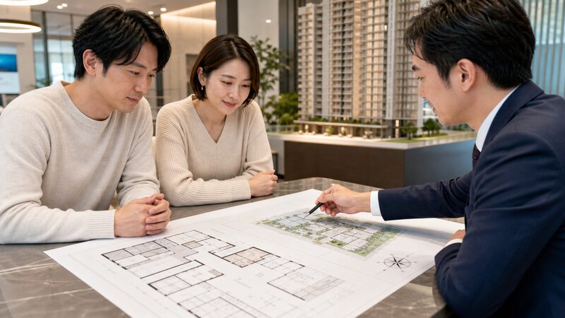 夫婦が住宅会社の担当者と方位付きの敷地図を確認する打ち合わせ風景