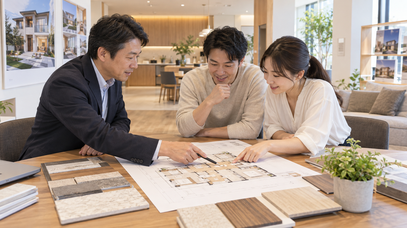 新築の間取り打ち合わせで建築士と夫婦が中心の配置を相談する様子