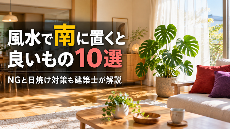 南向きの明るいリビングに置かれた観葉植物と赤・紫のクッションという風水で南に置くと良いものの例