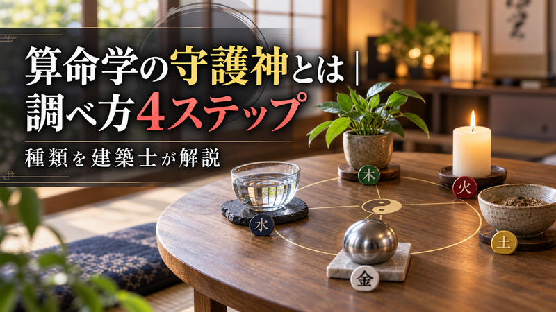 命式の五行バランスを表す木火土金水の図と算命学の守護神のイメージ