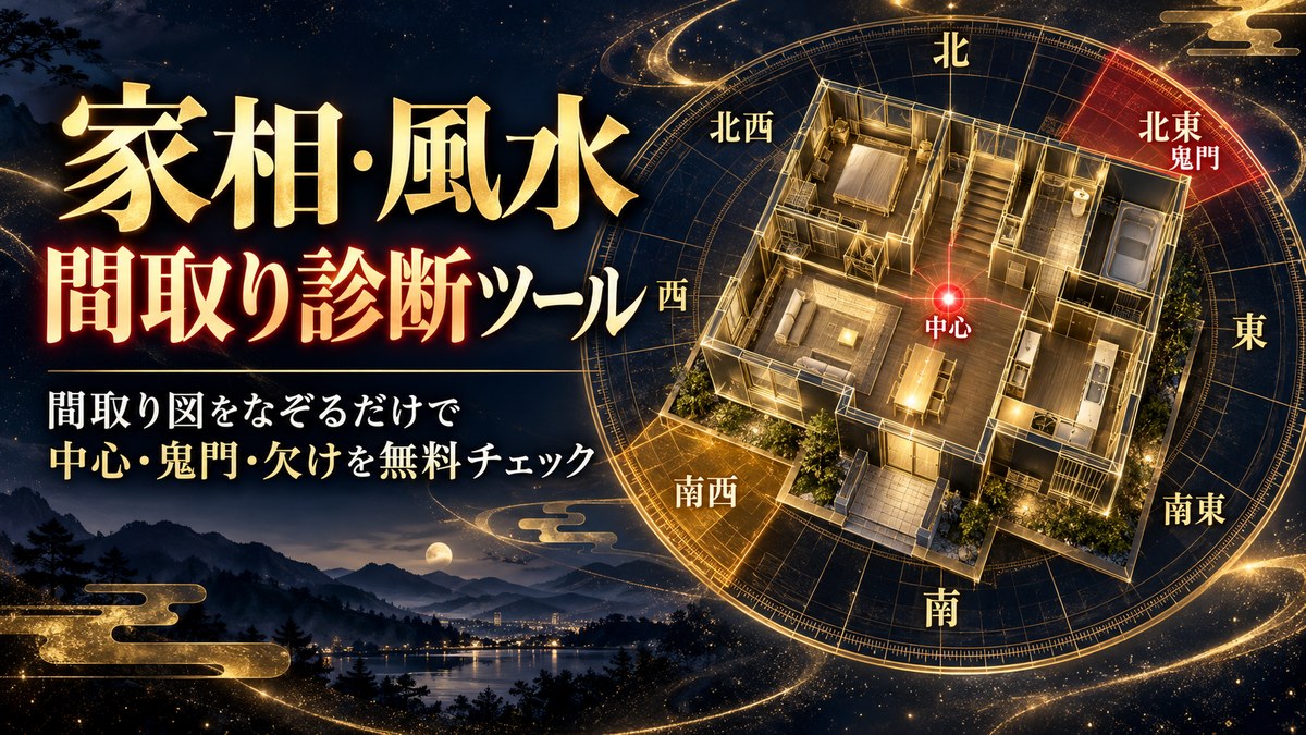 家相・風水 間取り診断ツール。家相方位盤の上に置かれた家の間取りと中心、鬼門の帯が描かれた無料診断ツールのイメージ